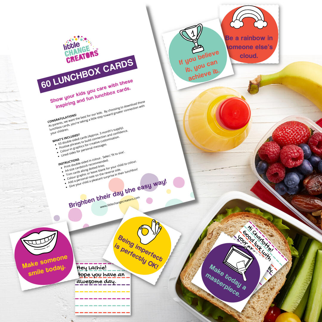School lunchbox with Little Change Creators lunchbox cards.