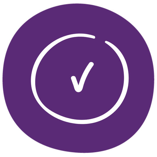 Quick, easy, reprintable icon with white tick on purple circular background.